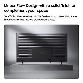 LG QNED AI QNED75 Mini LED is shown from the back, revealing a metallic rear panel with evenly spaced horizontal ridges that create a clean, structured look and emphasize the Linear Flow Design across the entire surface.